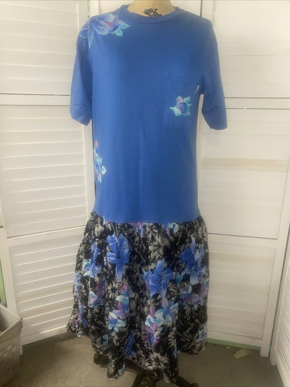 Vtg 80s Classic II Drop Waist Dress Short Sleeve Floral Cotton Union Made USA L